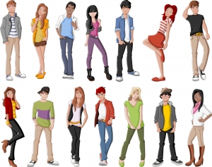 Group of fashion cartoon young people. Teenagers.